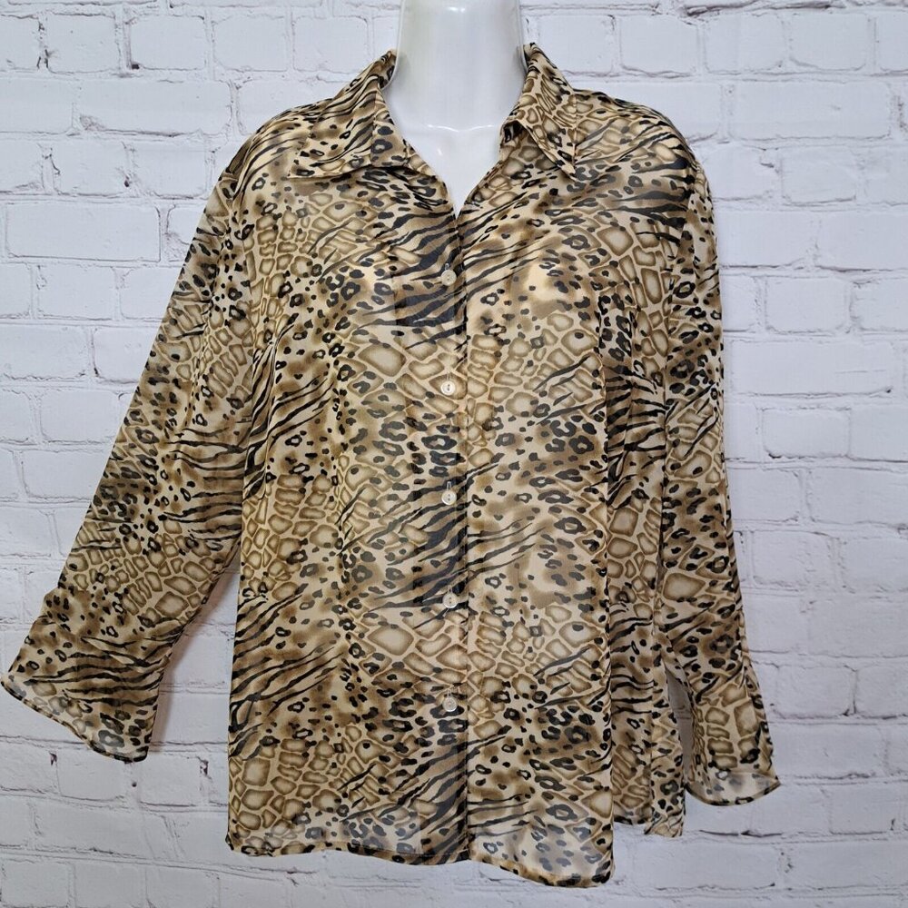Kim Rogers Animal Print Semi Sheer Button Up Shirt Size M